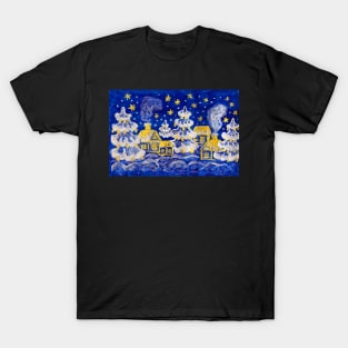 Christmas picture - winter landscape with golden houses and silver fir-trees on blue background T-Shirt